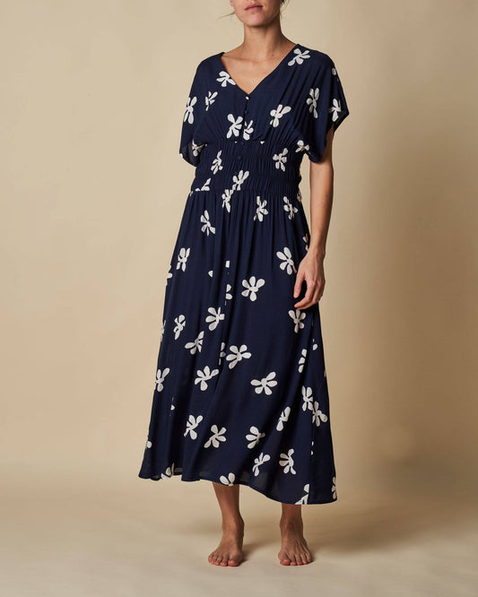 Bat Sleeve Shirred Waist Maxi Dress